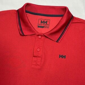 Helly Hansen Mens Large Red Short Sleeve Tipped Polo Shirt HH Logo Outdoor Hike